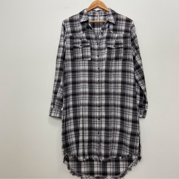 Free people dress tunic plaid black white fringe size small lightweight cotton - Picture 11 of 11